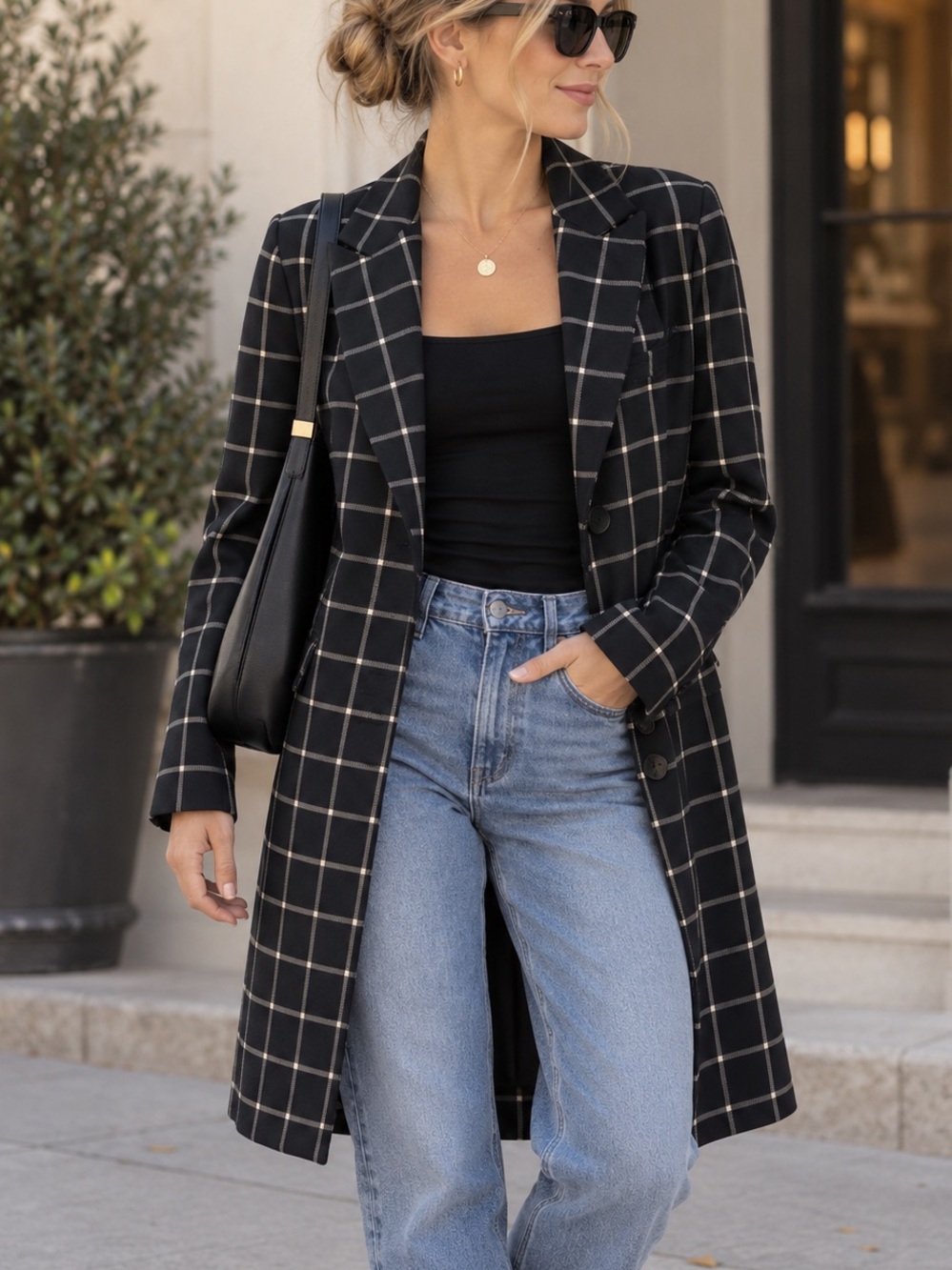 Joie Plaid Longline Blazer Coat Black Cream Windowpane Size Large NWT